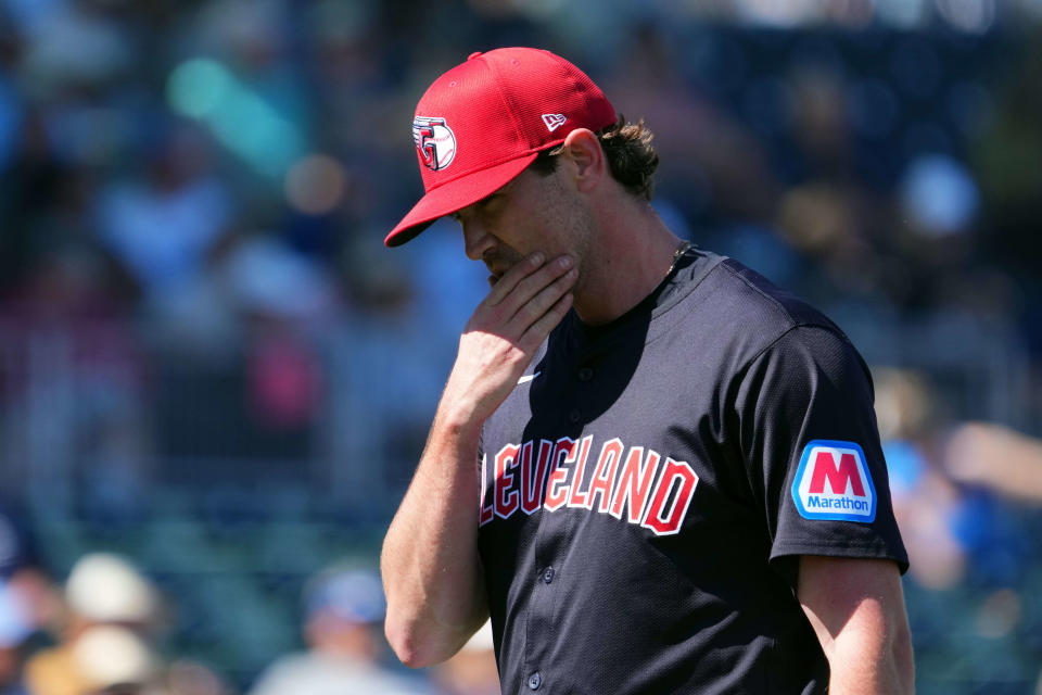 Mar 2, 2024; Goodyear, Arizona, USA; Cleveland Guardians starting pitcher Shane Bieber (57) leaves the game against the Kansas City Royals during the second inning at Goodyear Ballpark. Mandatory Credit: Joe Camporeale-USA TODAY Sports