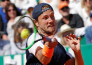 Tennis - Monte Carlo Masters - Monaco, 22/04/2017. Lucas Pouille of France plays a shot to Albert Ramos-Vinolas of Spain . REUTERS/Eric Gaillard