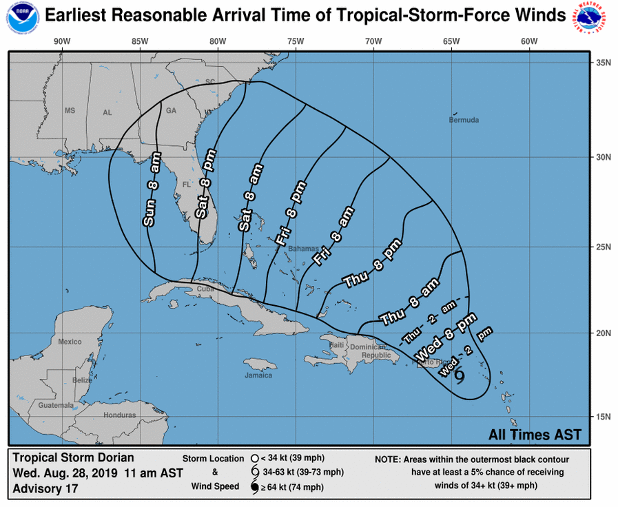 Tropical storm-force winds are expected to hit Florida starting Saturday night, according to the National Hurricane Center. | National Hurricane Center