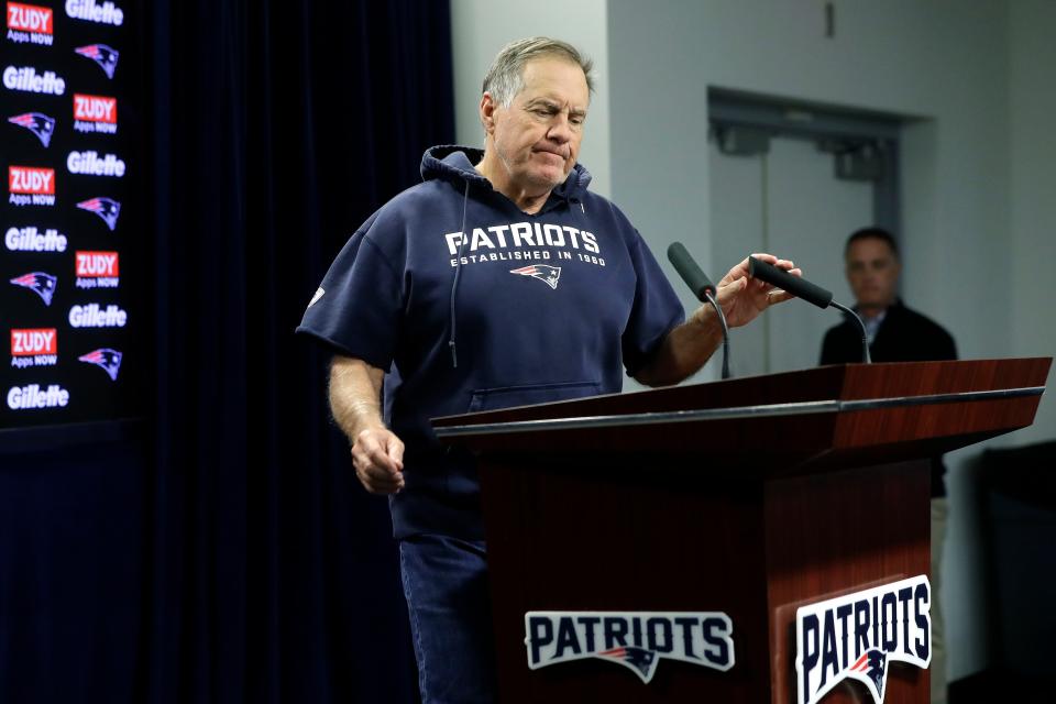 <p>
              New England Patriots head coach Bill Belichick approaches a podium to take questions from reporters before an NFL football practice, Wednesday, Nov. 20, 2019, in Foxborough, Mass. (AP Photo/Steven Senne)
            </p>