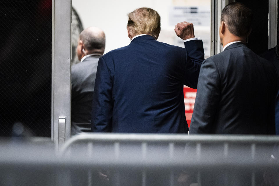 Former President Donald Trump walks out of the courtroom during a break at Manhattan criminal court in New York, Thursday, April 18, 2024. (Jabin Botsford/The Washington Post via AP, Pool)