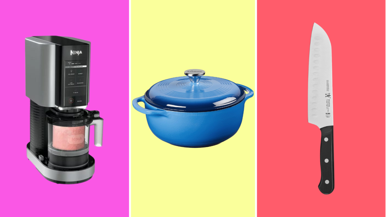 Kitchen Deals: a Ninja Creami, blue Lodge Dutch oven and a Henckels knife on a colorful background