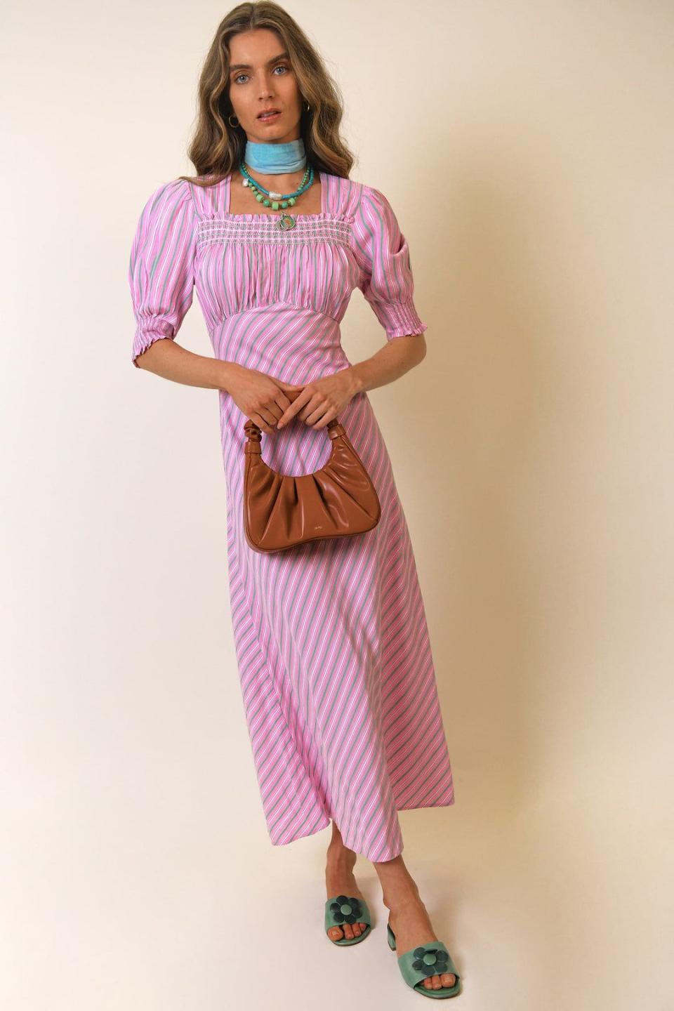 9) Corisca - Pink Sunlounge Stripe Midi Dress With Smocking