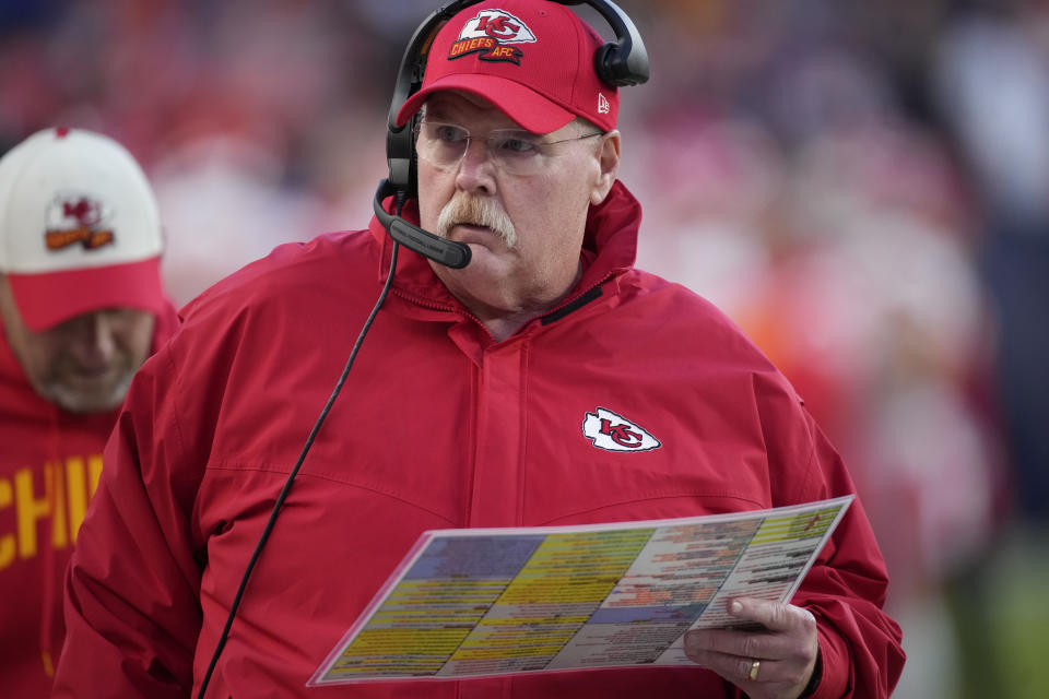 Kansas City Chiefs head coach Andy Reid watches from the sideline during the second half of an NFL football game against the Denver Broncos Sunday, Dec. 11, 2022, in Denver. (AP Photo/David Zalubowski)