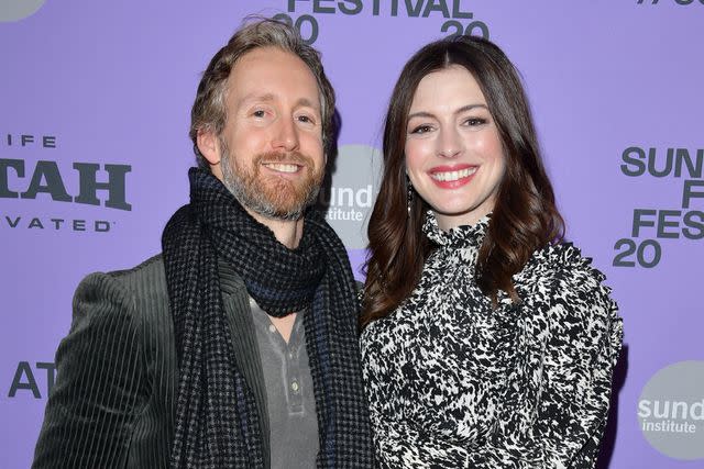 <p> George Pimentel/Getty </p> Anne Hathaway and Adam Shulman