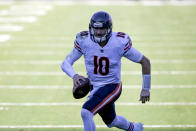 Chicago Bears quarterback Mitchell Trubisky runs for a touchdown against the Jacksonville Jaguars during the second half of an NFL football game, Sunday, Dec. 27, 2020, in Jacksonville, Fla. (AP Photo/Stephen B. Morton)