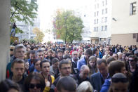 The crowd outside the building on opening day.