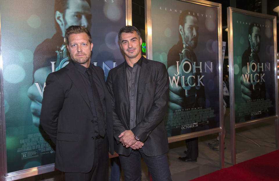 Directors David Leitch (L) and Chad Stahelski pose at a special screening of their movie "John Wick" in Los Angeles, California October 22, 2014. The movie opens in the U.S. on October 24.  REUTERS/Mario Anzuoni  (UNITED STATES - Tags: ENTERTAINMENT)