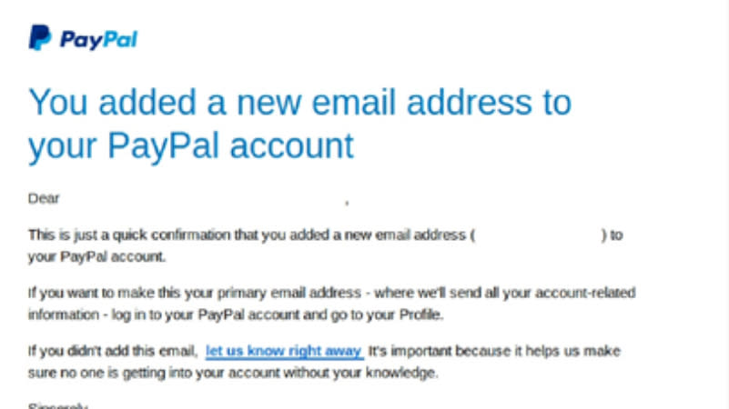 Screenshot of fake email used in PayPal phishing scam.