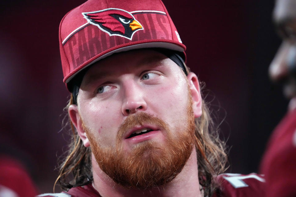 Aug 11, 2023; Glendale, Arizona, USA; Arizona Cardinals guard Hjalte Froholdt (72) against the <a class="link " href="https://sports.yahoo.com/nfl/teams/denver/" data-i13n="sec:content-canvas;subsec:anchor_text;elm:context_link" data-ylk="slk:Denver Broncos;sec:content-canvas;subsec:anchor_text;elm:context_link;itc:0">Denver Broncos</a> at State Farm Stadium. Mandatory Credit: Joe Camporeale-USA TODAY Sports