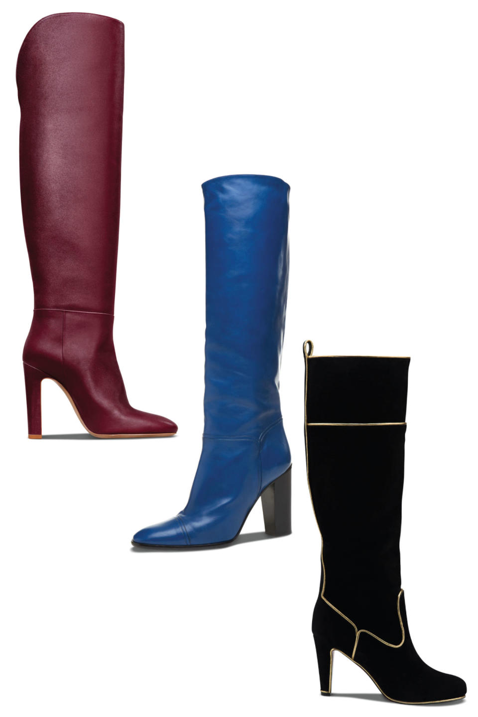 <p>From top left: Leatherboot, MARC JACOBS,$995, visit marcjacobs.com. Leather boot,GABRIELA HEARST,$1,595, collection at barneys.com. Suede boot, CHRISTIAN LOUBOUTIN, $1,395, visit christianlouboutin.com</p>