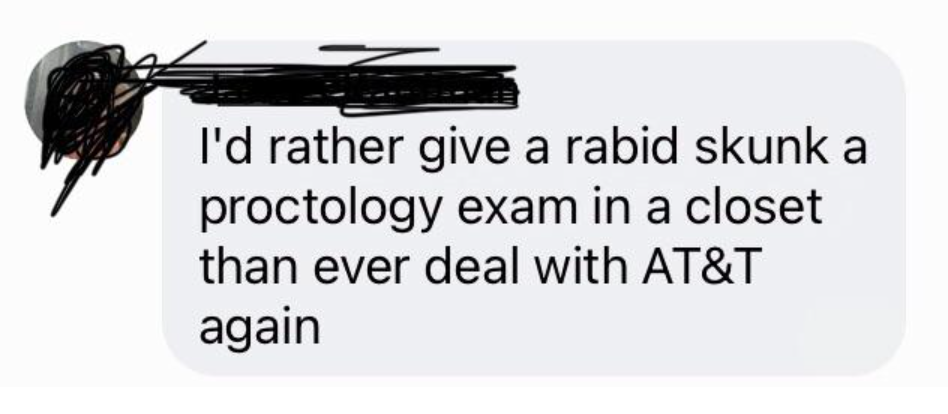 "I'd rather give a rabid skunk a proctology exam in a closet than ever deal with AT&T again"