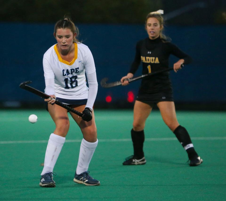 Cape Henlopen's Hannah Maney (left) controls the ball as Padua's Olivia Shimp eyes the play in the Vikings' 5-1 win in a semifinal of the DIAA Division I state high school tournament at the University of Delaware's Rullo Stadium, Tuesday, Nov. 15, 2022.