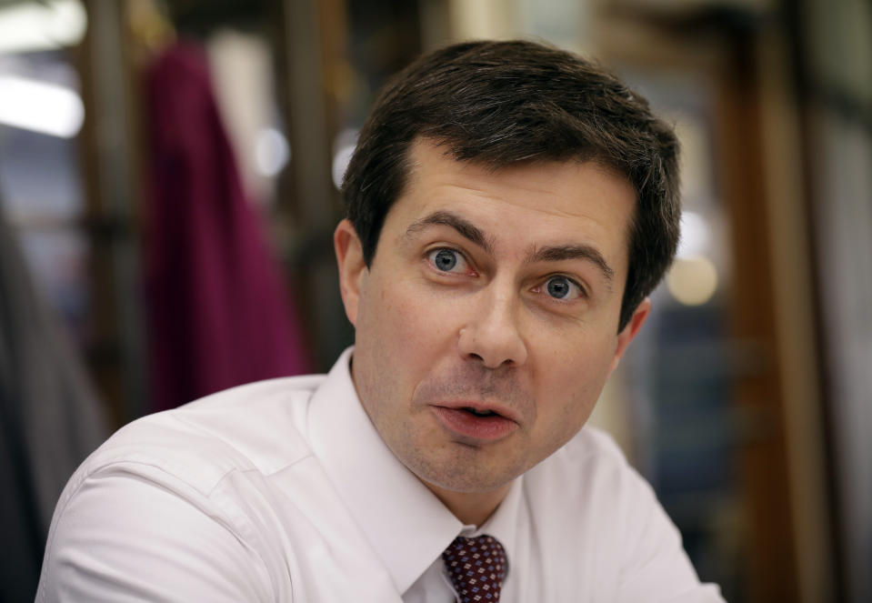 Mayor Pete Buttigieg talks at Farmers Market in South Bend, Ind., earlier this month. (AP Photo/Nam Y. Huh)