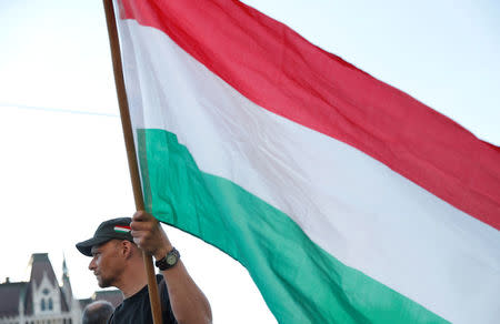 A man holds a Hungarian flag as he attends a protest against the government of Prime Minister Viktor Orban in Budapest, Hungary, April 21, 2018. REUTERS/Bernadett Szabo