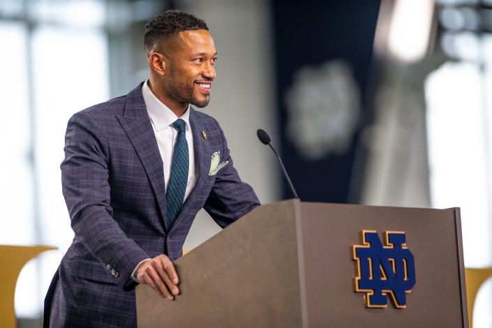 Marcus Freeman during a press conference announcing Marcus Freeman as the new Notre Dame head football coach Monday, Dec. 6, 2021 at the Irish Athletic Center in South Bend.