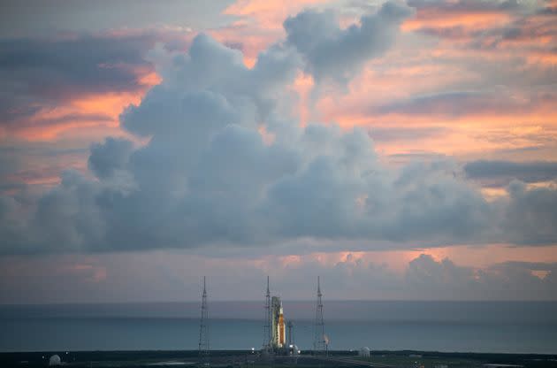 NASA's Space Launch System (SLS) rocket with the Orion spacecraft aboard is seen at sunrise atop a mobile launcher at NASA's Kennedy Space Center in Florida on Monday. (Photo: NASA via Getty Images)