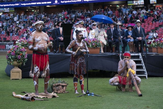 The Princess Royal is welcomed by Australian Aboriginal performers during the opening ceremony of the Royal Agricultural Society of New South Wales Bicentennial Sydney Royal Easter Show in Sydney 