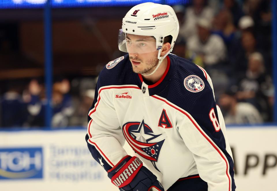 Apr 9, 2024; Tampa, Florida, USA; Columbus Blue Jackets defenseman Zach Werenski (8) skates against the Tampa Bay Lightning during the first period at Amalie Arena. Mandatory Credit: Kim Klement Neitzel-USA TODAY Sports