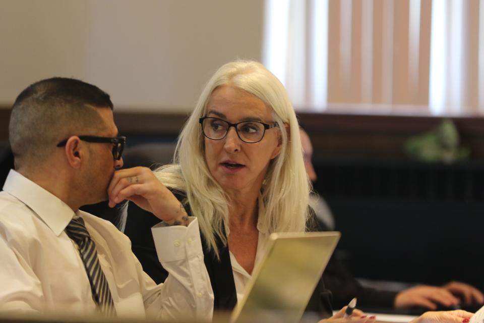 Defense attorney Lisa Torraco speaks with her client Manuel Sanchez during his murder trial, Oct. 16, 2023 in Eddy County District Court.