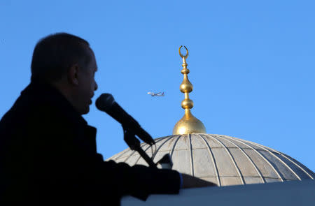 Turkish President Tayyip Erdogan addresses his supporters during an opening ceremony of a new metro line in Istanbul, Turkey December 15, 2017. Yasin Bulbul/Presidential Palace/Handout via REUTERS