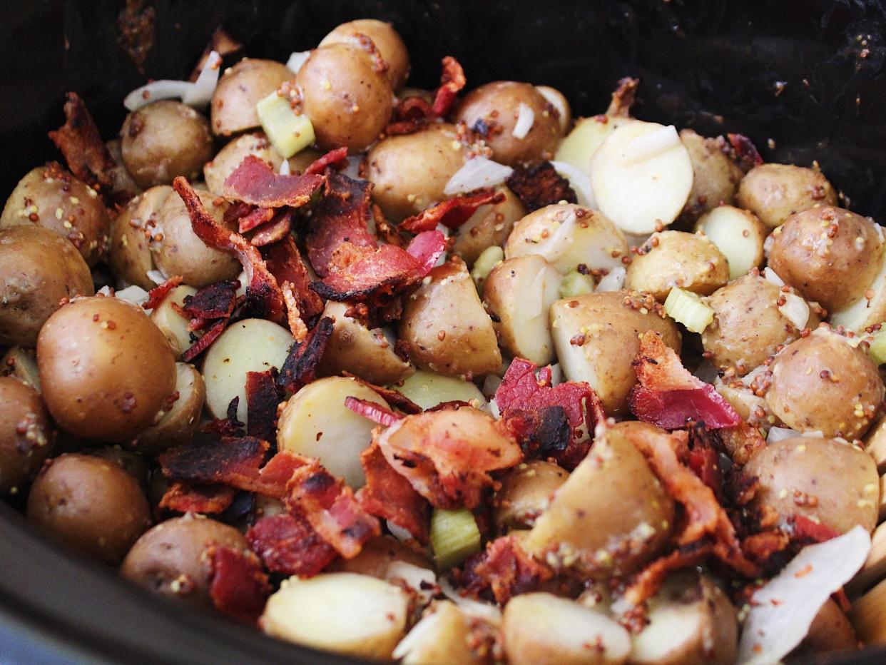 finished slow cooker potato salad with bacon