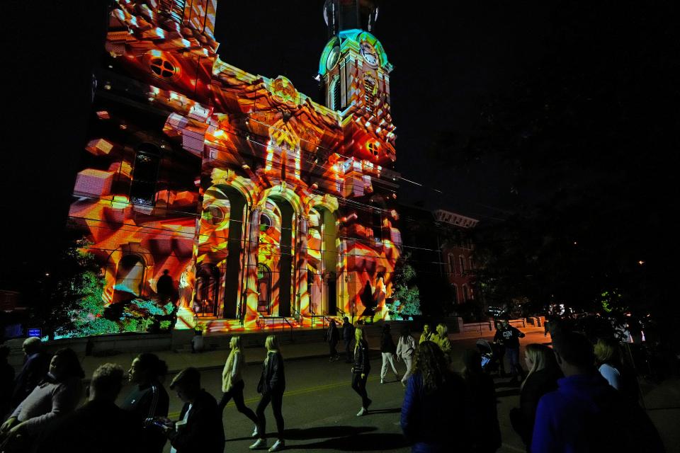 “In the Middle, Mother of God Church” by Antaless Visual Design was part of the 2022 Blink Cincinnati festival in Covington, Kentucky.