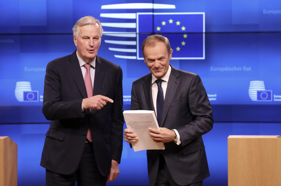 EU chief Brexit negotiator Michel Barnier, left, European Council President Donald Tusk. (AP Photo/Francisco Seco)