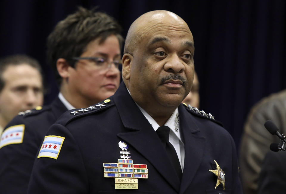 Chicago Police Supt. Eddie Johnson speaks during a press conference at CPD headquarters, Thursday, Feb. 21, 2019, in Chicago, after actor Jussie Smollett turned himself in on charges of disorderly conduct and filing a false police report. The "Empire" staged a racist and homophobic attack because he was unhappy about his salary and wanted to promote his career, Johnson said Thursday. (AP Photo/Teresa Crawford)