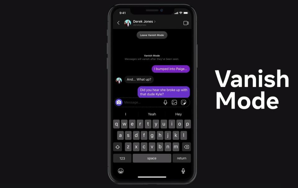 臉書在Instagram與Messenger推出「消失模式」（Vanish Mode）。   圖：取自臉書官方部落格