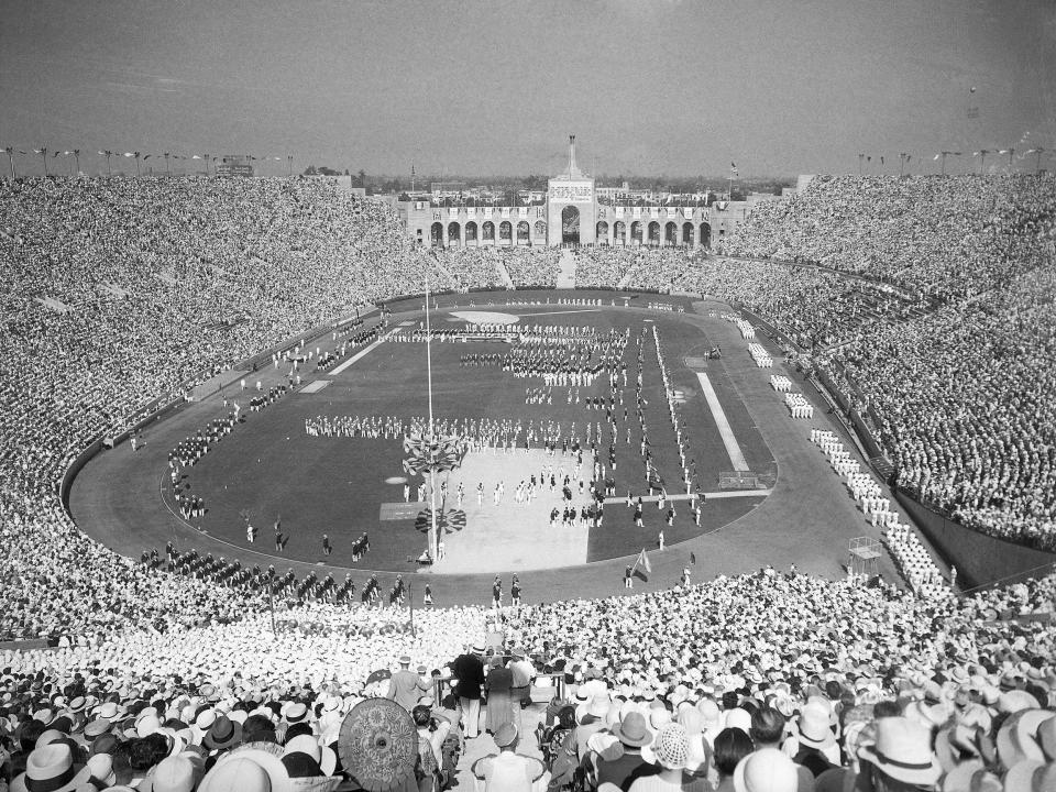 Los Angeles 1932: Almost 2,000 athletes enter the Olympic Stadium in Los Angeles to join in the ceremonies opening the tenth Olympiad.