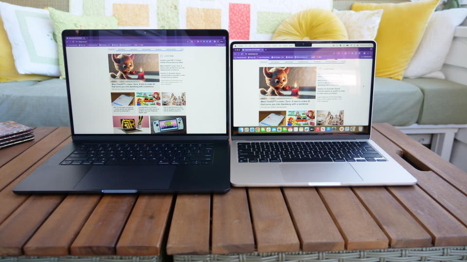 MacBook Air 15-inch M3 next to MacBook Air 13-inch M3 on a side table