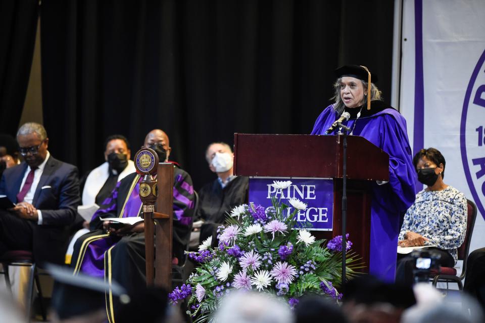 Paine College President Dr. Cheryl Evans Jones speaks during Paine College's opening fall convocation at the school. Paine College announced that, with the help of CeeLo Green and Moolah Wireless, they will be able to provide free tablets to all Pell Grant students.