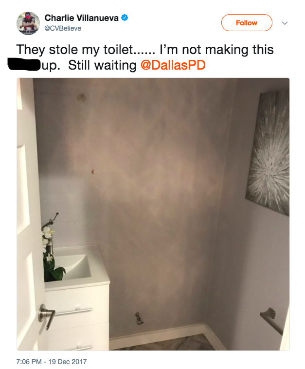 Burglars stole Charlie Villanueva’s toilet. (Screenshot via @CVBelieve on Twitter)