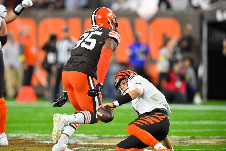 Browns defensive end Myles Garrett celebrates after a first-half sack of Bengals quarterback Joe Burrow in Cleveland, Monday, Oct. 31, 2022.