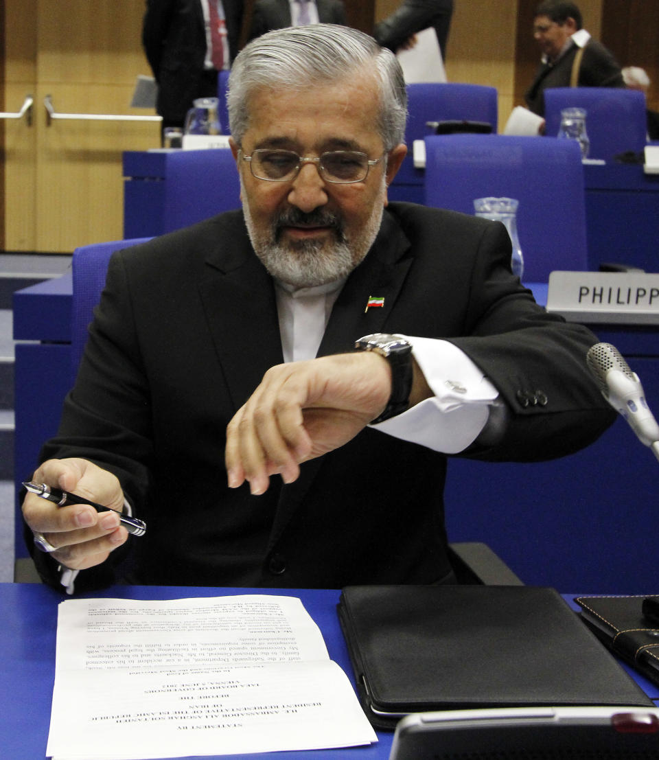 Iran's Ambassador to the International Atomic Energy Agency, IAEA, Ali Asghar Soltanieh waits for the start of the IAEA board of governors meeting at the International Center, in Vienna, Austria, on Wednesday, June 6, 2012. (AP Photo/Ronald Zak)