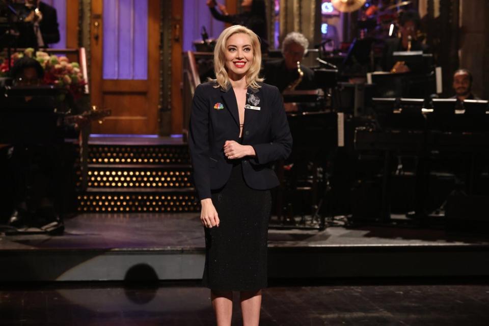 SATURDAY NIGHT LIVE -- “Aubrey Plaza, Sam Smith” Episode 1836 -- Pictured: Host Aubrey Plaza during the Monologue on Saturday, January 21, 2023 -- (Photo by: Will Heath/NBC)