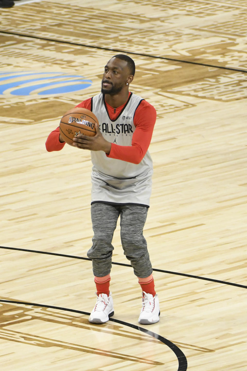 Kemba Walker, of the Boston Celtics, warms up during practice at the NBA All-Star basketball game, Saturday, Feb. 15, 2020, in Chicago. (AP Photo/David Banks)