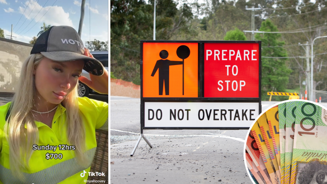 TikToker Nyah Covey onsite at her job, a construction sign at a road works site and Australian cash.