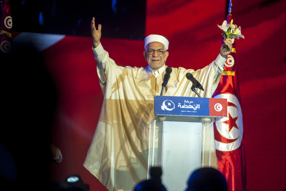Vice President of the Islamist party Ennahda and candidate for the upcoming presidential elections Abdelfattah Mourou speaks during a meeting with the members of his party in Tunis, Tunisia, Friday, Aug. 30, 2019. (AP Photo/Hassene Dridi)