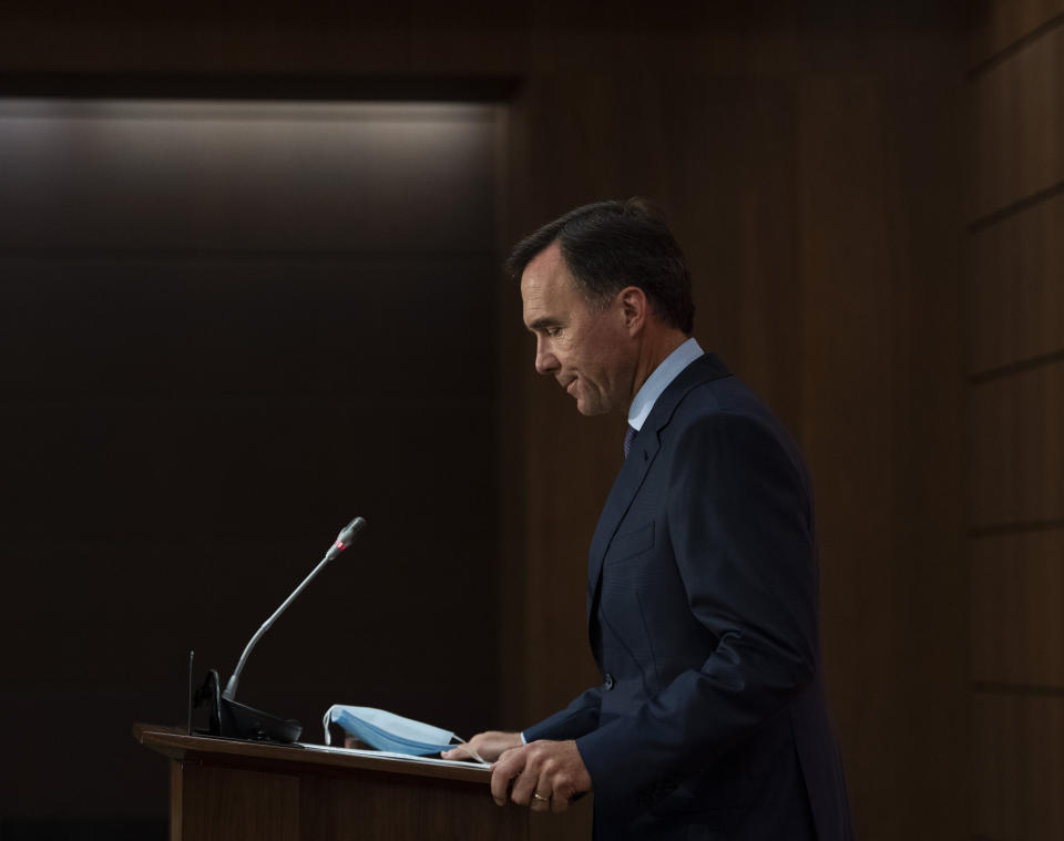 Minister of Finance Bill Morneau announces his resignation during a news conference on Parliament Hill in Ottawa, on Monday, Aug. 17, 2020. (Justin Tang/The Canadian Press via AP)/The Canadian Press via AP)