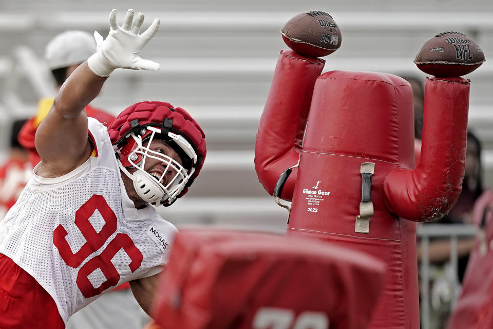 Kansas City Chiefs defensive tackle Matt Dickerson participates in a drill during NFL football training camp Monday, Aug. 15, 2022, in St. Joseph, Mo. (AP Photo/Charlie Riedel)