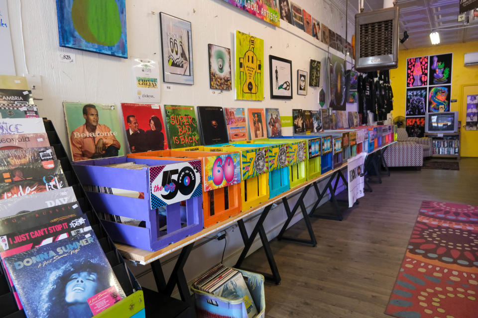 Racks of new and vintage vinyl records line the wall Tuesday at High Fidelity on Sixth Avenue, located on the Historic Route 66 in Amarillo.