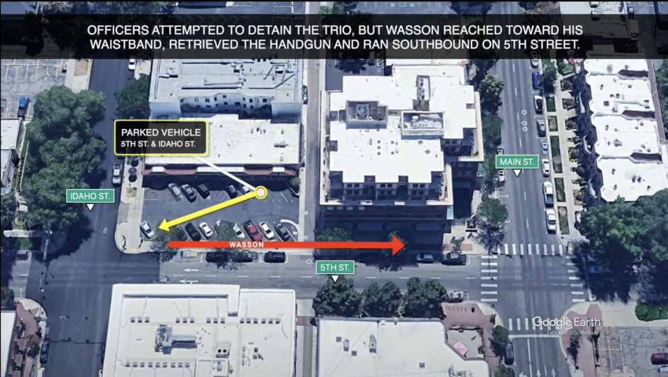 An image provided by the Boise Police Department in video footage detailing the fatal shooting of 22-year-old Payton Wasson. When officers attempted to detain Wasson, he fled toward the intersection of Main and 5th streets in downtown Boise. 