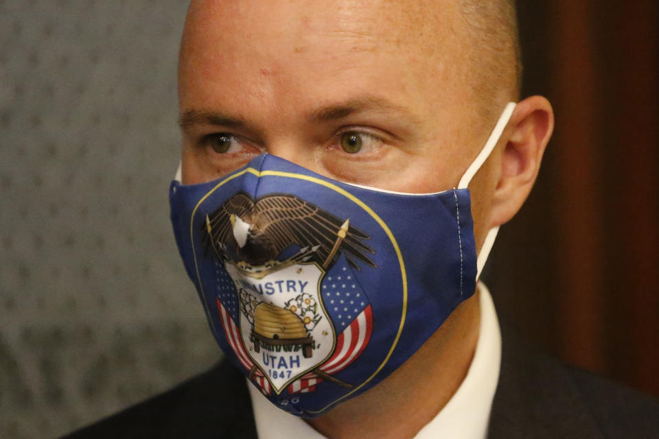 FILE - Utah Lt. Gov. Spencer Cox speaks during the daily briefing on the state's efforts to fight COVID-19, June 25, 2020, at the Utah State Capitol, in Salt Lake City. Cox has won the Republican nomination in the Utah governor's race Monday, July 6, 2020, giving him a heavy advantage in the conservative state's general election. The competitive four-way contest was conducted entirely by mail during the coronavirus pandemic, which also shaped the campaign. (AP Photo/Rick Bowmer, File)