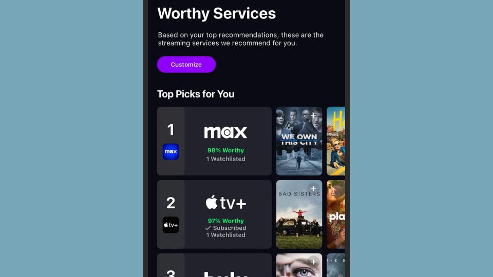 Watchworthy shows which services your tastes are most compatible with. <em>Screenshot: Watchworthy</em>