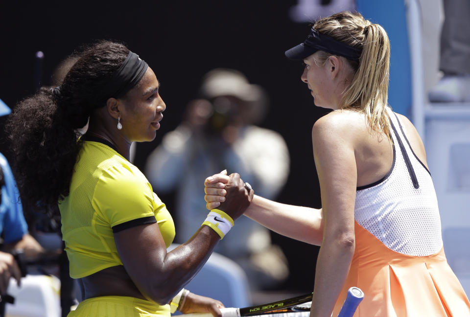 Serena Williams, left, of the United States is congratulated by Maria Sharapova.