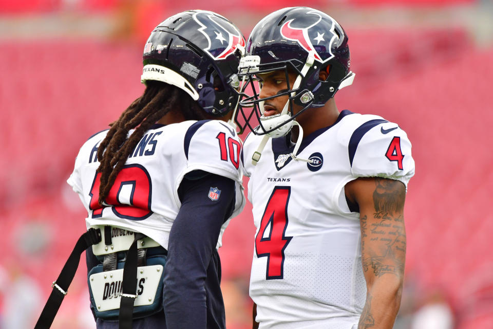 DeAndre Hopkins (10) is one of the NFL's best receivers, and the Houston Texans will need Deshaun Watson to play his best in the postseason, too. (Photo by Julio Aguilar/Getty Images)