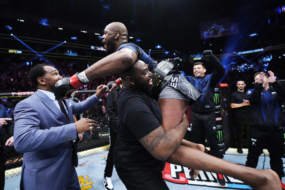 LAS VEGAS, NEVADA - MARCH 04: Jon Jones reacts to his win in the UFC heavyweight championship fight during the UFC 285 event at T-Mobile Arena on March 04, 2023 in Las Vegas, Nevada. (Photo by Jeff Bottari/Zuffa LLC via Getty Images)