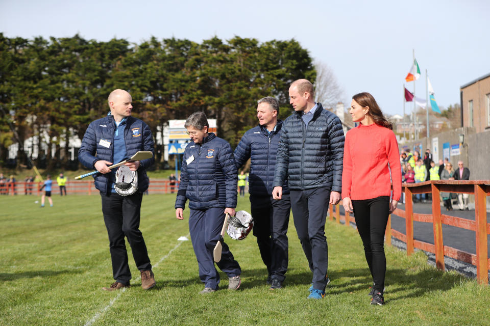 The Duke and Duchess of Cambridge during a visit to Salthill Knocknacarra GAA Club in Galway, to learn more about traditional sports during the third day of their visit to the Republic of Ireland. PA Photo. Picture date: Thursday March 5, 2020. See PA story ROYAL Cambridge. Photo credit should read: Niall Carson/PA Wire 